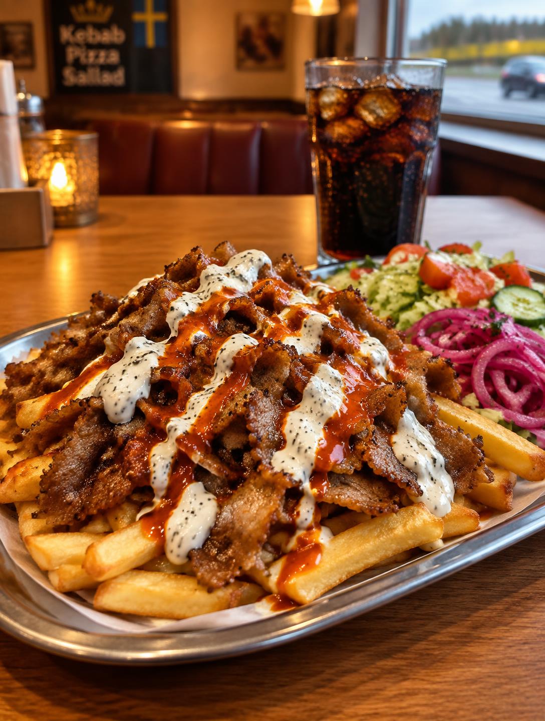 Kebabtallrik med pommes, sås och sallad på Söderins gatukök